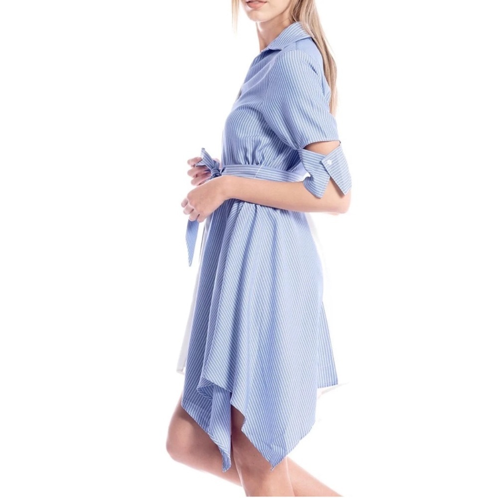 I:NA blue & white colorblock striped asymmetrical hem tie waist shirt dress NWT - Picture 9 of 16